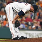 Houston Astros relief pitcher Luke Gregerson reacts after giving up the game-tying two-run home tun to Arizona Diamondbacks' Jake Lamb during the ninth inning of a baseball game, Wednesday, June 1, 2016, in Houston. (AP Photo/Eric Christian Smith)