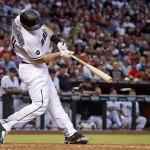 Arizona Diamondbacks' Paul Goldschmidt swings on an RBI single against the Los Angeles Dodgers during the third inning of a baseball game Tuesday, June 14, 2016, in Phoenix. (AP Photo/Ross D. Franklin)