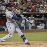 Tampa Bay Rays' Desmond Jennings connects for a run-scoring double against the Arizona Diamondbacks during the fifth inning of a baseball game Monday, June 6, 2016, in Phoenix. (AP Photo/Ross D. Franklin)