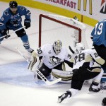 Pittsburgh Penguins goalie Matt Murray (30) defends against San Jose Sharks' Joe Thornton (19) during the second period of Game 4 of the NHL hockey Stanley Cup Finals on Monday, June 6, 2016, in San Jose, Calif. (AP Photo/Eric Risberg)
