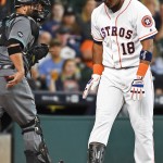 Houston Astros' Luis Valbuena (18) throws his bat after striking out to end the second inning of a baseball game against the Arizona Diamondbacks, Thursday, June 2, 2016, in Houston. (AP Photo/Eric Christian Smith)