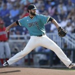 Coastal Carolina pitcher Zack Hopeck throws against Arizona in the first inning in Game 1 of the NCAA Men's College World Series finals baseball game in Omaha, Neb., Monday, June 27, 2016. (AP Photo/Nati Harnik)