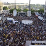 Cleveland Cavaliers fans congregate outside Quicken Loans Arena during a watch party for Game 7 of the NBA basketball Finals between the Cleveland Cavaliers and the Golden State Warriors, Sunday, June 19, 2016, in Cleveland. (AP Photo/Tony Dejak)