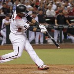 Arizona Diamondbacks' Jean Segura connects for an RBI single against the Los Angeles Dodgers during the fifth inning of a baseball game Monday, June 13, 2016, in Phoenix. (AP Photo/Ross D. Franklin)