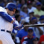 Chicago Cubs' Anthony Rizzo hits a single against the Arizona Diamondbacks during the eighth inning of a baseball game Friday, June 3, 2016, in Chicago. (AP Photo/Nam Y. Huh)