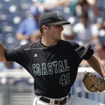 Coastal Carolina pitcher Andrew Beckwith throws against Arizona in the first inning in Game 3 of the NCAA College World Series baseball finals in Omaha, Neb., Thursday, June 30, 2016. (AP Photo/Nati Harnik)