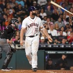 Houston Astros' Evan Gattis  flips his bat after striking out with the bases loaded to end the third inning of a baseball game against the Arizona Diamondbacks, Wednesday, June 1, 2016, in Houston. (AP Photo/Eric Christian Smith)