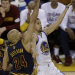 Golden State Warriors guard Stephen Curry (30) shoots against Cleveland Cavaliers forward Richard Jefferson (24) during the second half of Game 1 of basketball's NBA Finals in Oakland, Calif., Thursday, June 2, 2016. The Warriors won 104-89. (AP Photo/Ben Margot)