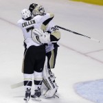 Pittsburgh Penguins goalie Matt Murray is hugged by teammate Matt Cullen at the end of Game 4 of the NHL hockey Stanley Cup Finals against the San Jose Sharks in San Jose, Calif., Monday, June 6, 2016. Pittsburgh won the game 3-1. (AP Photo/Eric Risberg)