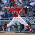 Arizona pitcher Kevin Ginkel throws against Coastal Carolina in the first inning in Game 2 of the NCAA Men's College World Series finals baseball game in Omaha, Neb., Tuesday, June 28, 2016. (AP Photo/Nati Harnik)