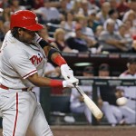 Philadelphia Phillies' Maikel Franco connects for a two-run single against the Arizona Diamondbacks during the seventh inning of a baseball game Monday, June 27, 2016, in Phoenix. (AP Photo/Ross D. Franklin)