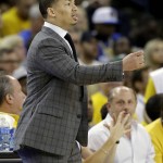 Cleveland Cavaliers head coach Tyronn Lue gestures during the first half of Game 2 of basketball's NBA Finals between the Golden State Warriors and the Cavaliers in Oakland, Calif., Sunday, June 5, 2016. (AP Photo/Marcio Jose Sanchez)