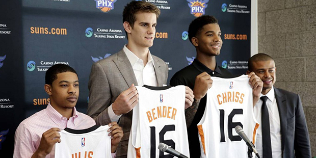 From left to right, Phoenix Suns  second-round draft pick Tyler Ulis and first-round draft picks Dr...