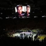 A tribute to boxer Muhammad Ali is shown on the video board before Game 2 of basketball's NBA Finals between the Golden State Warriors and the Cleveland Cavaliers in Oakland, Calif., Sunday, June 5, 2016. (AP Photo/Marcio Jose Sanchez)