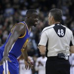 Golden State Warriors forward Draymond Green (23) talks with referee Scott Foster (48) against the Cleveland Cavaliers during the first half of Game 6 of basketball's NBA Finals in Cleveland, Thursday, June 16, 2016. (AP Photo/Tony Dejak)