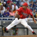 Arizona relief pitcher Cameron Ming throws during the eighth inning of an NCAA College World Series baseball game against UC Santa Barbara, Wednesday, June 22, 2016, in Omaha, Neb. (AP Photo/Ted Kirk)