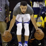 Golden State Warriors' Stephen Curry warms up before Game 1 of basketball's NBA Finals against the Cleveland Cavaliers Thursday, June 2, 2016, in Oakland, Calif. (AP Photo/Ben Margot)
