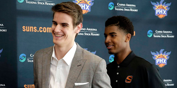 Phoenix Suns' first-round draft pick Dragan Bender, left, and Marquese Chriss, whom the Sacramento ...
