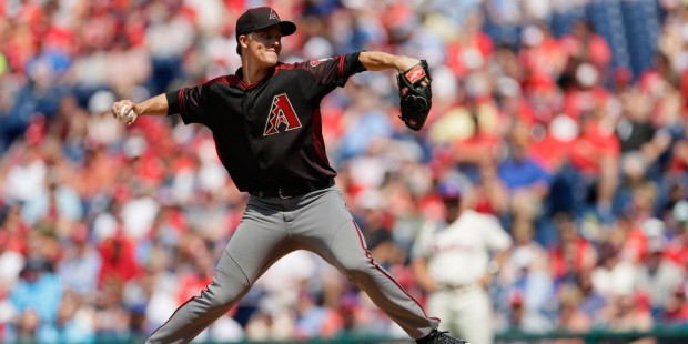 Arizona Diamondbacks' Zack Greinke pitches during the first inning of a baseball game against the P...