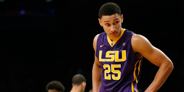 LSU forward Ben Simmons (25) reacts during the second half of the Legends Classic semifinal against...