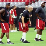 D.J. Humphries and Earl Watford are among the linemen who are waiting during the conditioning test at Cardinals training camp July 28, 2016. (Photo by Adam Green/Arizona Sports)
