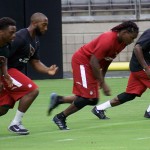 Kerwynn Williams, Stepfan Taylor, Chris Johnson and John Brown go through the conditioning test at Cardinals training camp July 28, 2016. (Photo by Adam Green/Arizona Sports)