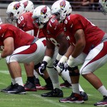 Rookie center Evan Boehm leads the offensive line prior to a snap during training camp on July 31. (Photo by Adam Green/Arizona Sports)