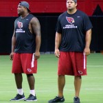 Linemen D.J. Humphries and Jared Veldheer wait during the conditioning test at Cardinals training camp July 28, 2016. (Photo by Adam Green/Arizona Sports)