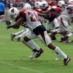 Cornerback Brandon Williams tries to stay with Michael Floyd during training camp on July 31. (Photo by Adam Green/Arizona Sports)
