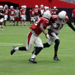 Cornerback Patrick Peterson covers receiver John Brown during training camp on July 31. (Photo by Adam Green/Arizona Sports)
