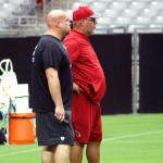 Cardinals coach Bruce Arians and GM Steve Keim watch the conditioning test at Cardinals training camp July 28, 2016. (Photo by Adam Green/Arizona Sports)