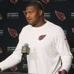 Arizona Cardinals' Calais Campbell speaks to reporters during a news conference after an NFL football game against the Green Bay Packers, Sunday, Dec. 27, 2015, in Glendale, Ariz. The Cardinals defeated the Packers 38-8. (AP Photo/Rick Scuteri)