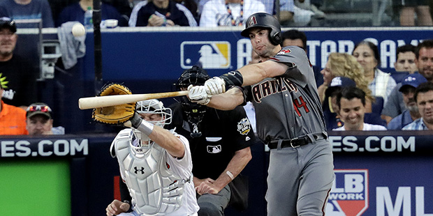National League's Paul Goldschmidt, of the Arizona Diamondbacks, hits during the MLB baseball All-S...
