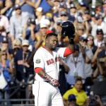 American League's David Ortiz, of the Boston Red Sox, acknowledges the crowd while leaving the game during the second inning of the MLB baseball All-Star Game against the National League, Tuesday, July 12, 2016, in San Diego. (AP Photo/Gregory Bull)
