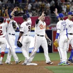 American League players celebrate after the MLB baseball All-Star Game against the National League, Tuesday, July 12, 2016, in San Diego. The American League won 4-2. (AP Photo/Gregory Bull)