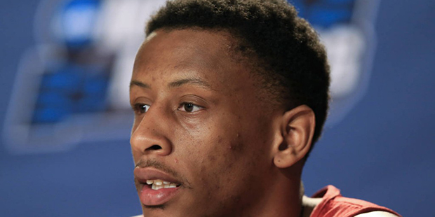 Indiana's Troy Williams speaks during a news conference ahead of a second-round men's college baske...