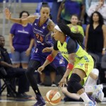 Dallas Wings guard Odyssey Sims, right, drives against Phoenix Mercury guard DeWanna Bonner (24) during the first half of a WNBA basketball game in Arlington, Texas, Tuesday, July 5, 2016. (AP Photo/LM Otero)