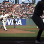 San Francisco Giants starting pitcher Madison Bumgarner, left, delivers against the Arizona Diamondbacks during the third inning of a baseball game on Sunday, July 10, 2016, in San Francisco. (AP Photo/D. Ross Cameron)