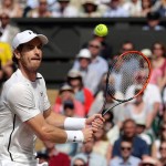 Andy Murray of Britain returns to Milos Raonic of Canada during the men's singles final on the fourteenth day of the Wimbledon Tennis Championships in London, Sunday, July 10, 2016. (Andy Couldridge/Pool Photo via AP)