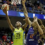 Dallas Wings forward Glory Johnson (25) drives against Phoenix Mercury center Brittney Griner (42) during the second half of a WNBA basketball game in Arlington, Texas, Tuesday, July 5, 2016. The Wings won 77-74. (AP Photo/LM Otero)