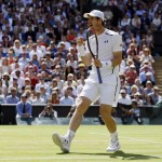 Andy Murray of Britain celebrates winning a point against Milos Raonic of Canada during the men's singles final on the fourteenth day of the Wimbledon Tennis Championships in London, Sunday, July 10, 2016. (AP Photo/Kirsty Wigglesworth)