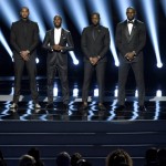 
              NBA basketball players Carmelo Anthony, from left, Chris Paul, Dwyane Wade and LeBron James speak on stage at the ESPY Awards at the Microsoft Theater on Wednesday, July 13, 2016, in Los Angeles. (Photo by Chris Pizzello/Invision/AP)
            