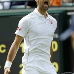 Novak Djokovic of Serbia reacts after winning a point against Sam Querrey of the U.S during their men's singles match on day six of the Wimbledon Tennis Championships in London, Saturday, July 2, 2016. (AP Photo/Alastair Grant)