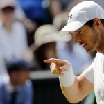 Andy Murray of Britain gestures during the men's singles final against Milos Raonic of Canada on the fourteenth day of the Wimbledon Tennis Championships in London, Sunday, July 10, 2016. (AP Photo/Ben Curtis)