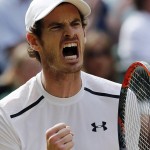 Andy Murray of Britain celebrates a point against Milos Raonic of Canada during the men's singles final on the fourteenth day of the Wimbledon Tennis Championships in London, Sunday, July 10, 2016. (AP Photo/Ben Curtis)