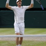 Andy Murray of Britain celebrates after beating Milos Raonic of Canada in the men's singles final on day fourteen of the Wimbledon Tennis Championships in London, Sunday, July 10, 2016. (AP Photo/Ben Curtis)