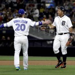 American League's Miguel Cabrera, of the Detroit Tigers, right, and American League's Josh Donaldson, of the Toronto Blue Jays, celebrate after the MLB baseball All-Star Game against the National League, Tuesday, July 12, 2016, in San Diego. The American League won 4-2. (AP Photo/Gregory Bull)