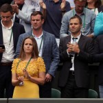 Kim Sears, wife of Andy Murray, watches as he plays in the men's singles final against Milos Raonic of Canada on the fourteenth day of the Wimbledon Tennis Championships in London, Sunday, July 10, 2016. (Andy Couldridge/Pool Photo via AP)