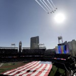 Jets soar above Petco Park during the National Anthem prior to the MLB baseball All-Star Game, Tuesday, July 12, 2016, in San Diego. (AP Photo/Jae C. Hong)