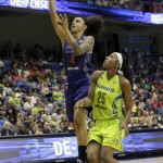 Phoenix Mercury forward Candice Dupree (4) shoots against Dallas Wings forward Glory Johnson (25) during the first half of a WNBA basketball game in Arlington, Texas, Tuesday, July 5, 2016. (AP Photo/LM Otero)